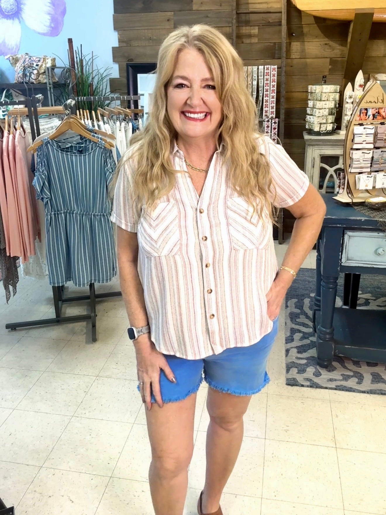Sandy Stripe Button-Up Top